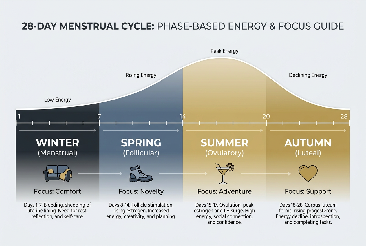 Understanding the ’Four Seasons’ of her cycle allows you to align your date plans with her natural energy levels, ensuring a better experience for both.