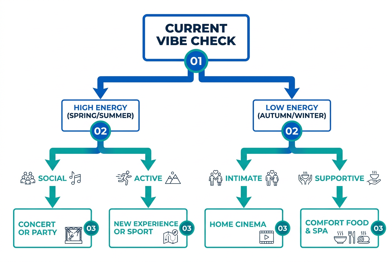 Use this strategic decision tree to quickly determine the best date activity based on her current energy levels and cycle phase requirements.