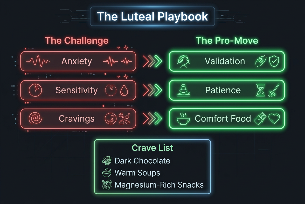 Mastering the Luteal phase requires shifting from ’solving problems’ to ’providing support.’ This chart highlights the most effective ways to show up for her.