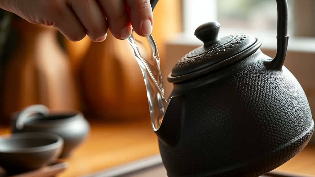 Geste de versement de l'eau dans une théière japonaise en fonte, vapeur visible