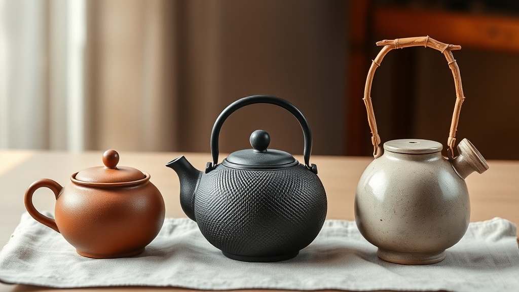 Trois types de théières japonaises : kyusu en argile, tetsubin en fonte et dobin en céramique