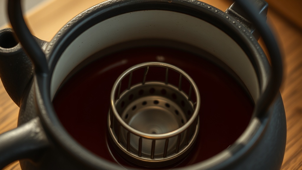 Intérieur émaillé d'une théière japonaise en fonte avec son filtre inox amovible
