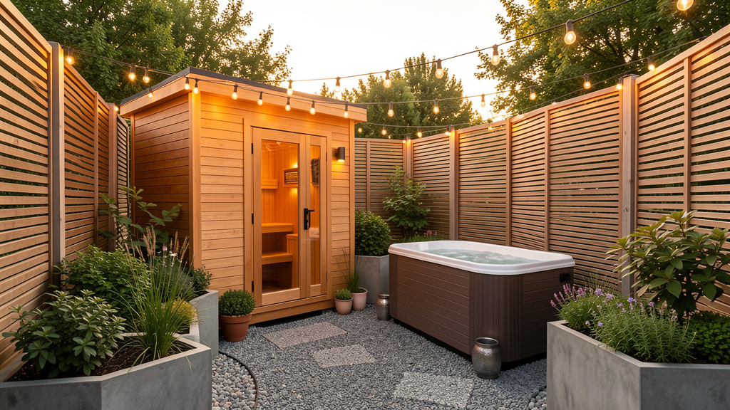 Small backyard spa retreat with cedar sauna cold plunge privacy screens and warm patio lighting