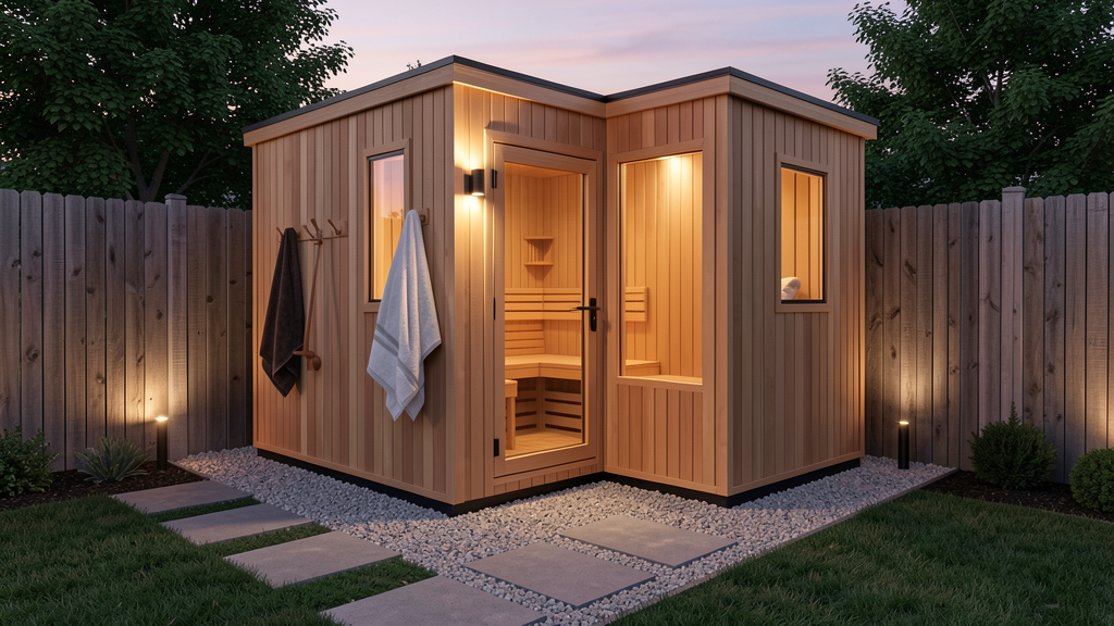 Compact cedar outdoor sauna kit in a small backyard corner with gravel base stepping stone path and privacy fence