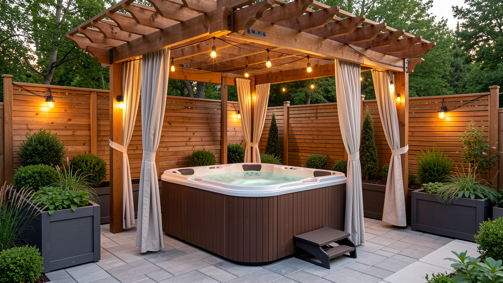 Small backyard hot tub under a cedar pergola with privacy curtains and warm outdoor lighting
