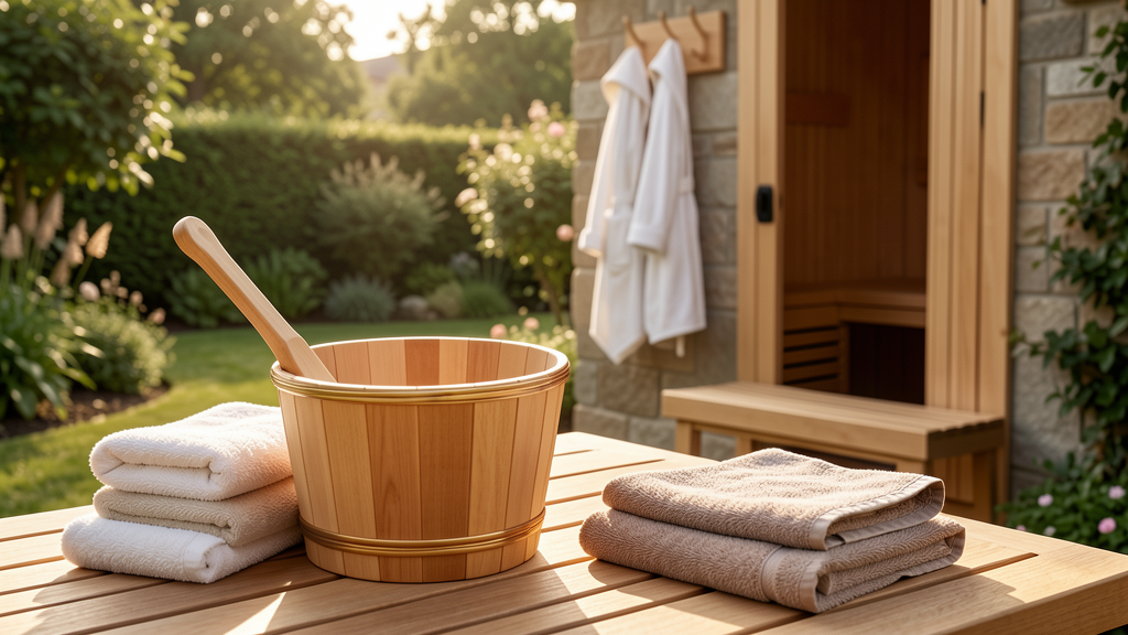 Outdoor sauna accessories with cedar bucket ladle folded towels robe hooks and a sauna bench