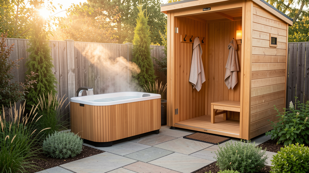 Outdoor sauna and cold plunge setup with cedar bench robe hooks stone pavers and privacy landscaping