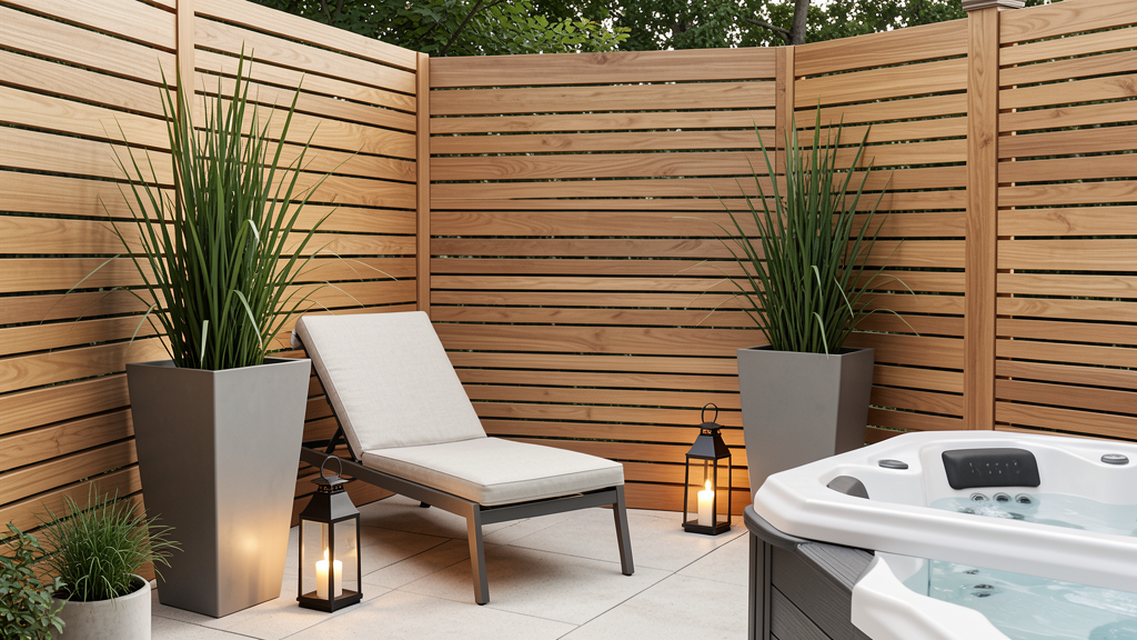 Backyard spa privacy nook with cedar slat screen tall planters lounge seating and lantern lighting