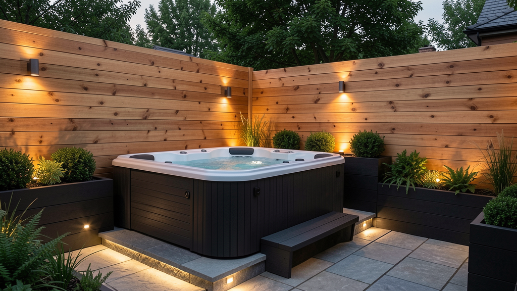 Compact hot tub on a small backyard patio with cedar privacy wall steps planters and warm evening lighting