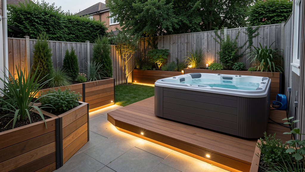 Deck adjacent hot tub in a small backyard with service access privacy planters and path lighting