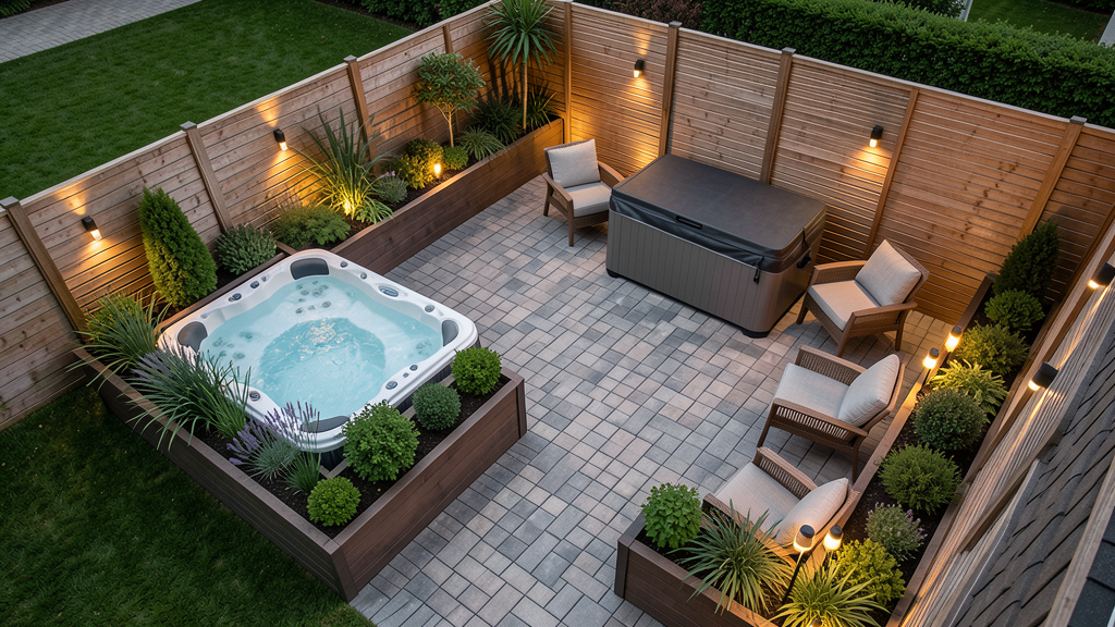 Small backyard spa layout with hot tub privacy screen seating paver path planters and outdoor lighting