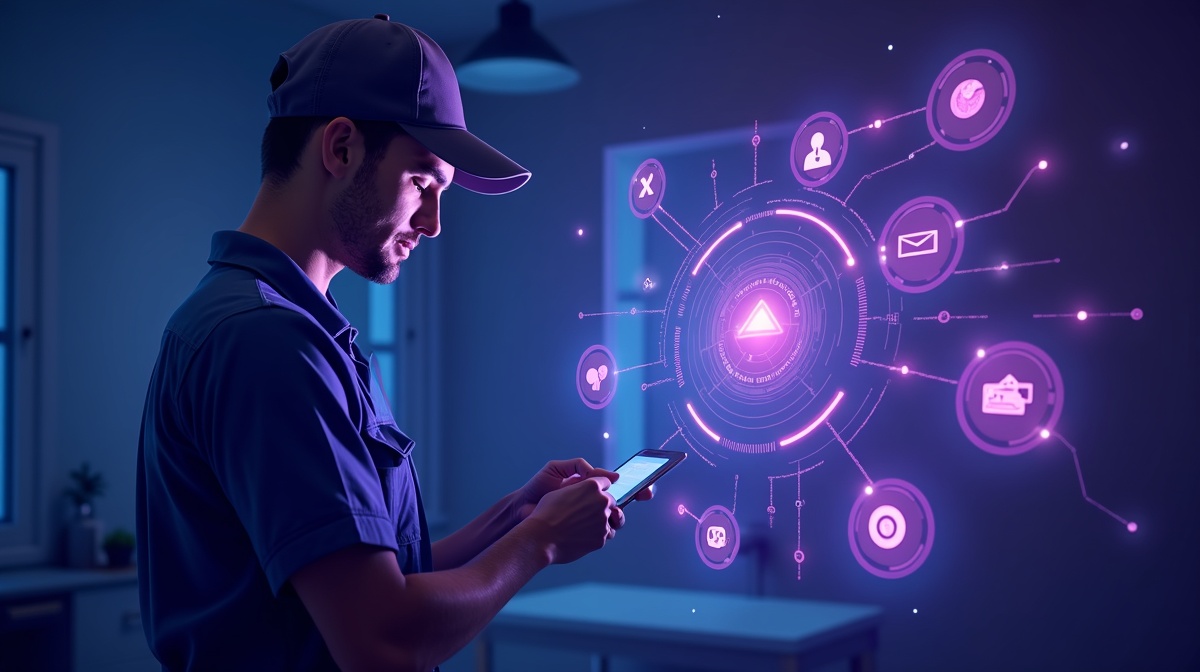 Artisan breton dans son atelier en pierre utilisant une tablette qui affiche un dashboard IA, outils et copeaux au premier plan, lumière naturelle douce