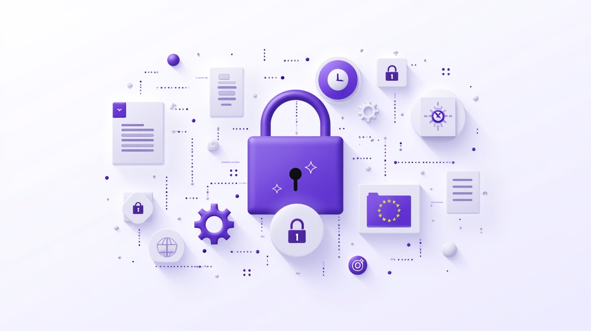 Ordinateur portable affichant un dashboard de protection des données européen, cadenas et clé sur un bureau en bois, ambiance feutrée et professionnelle