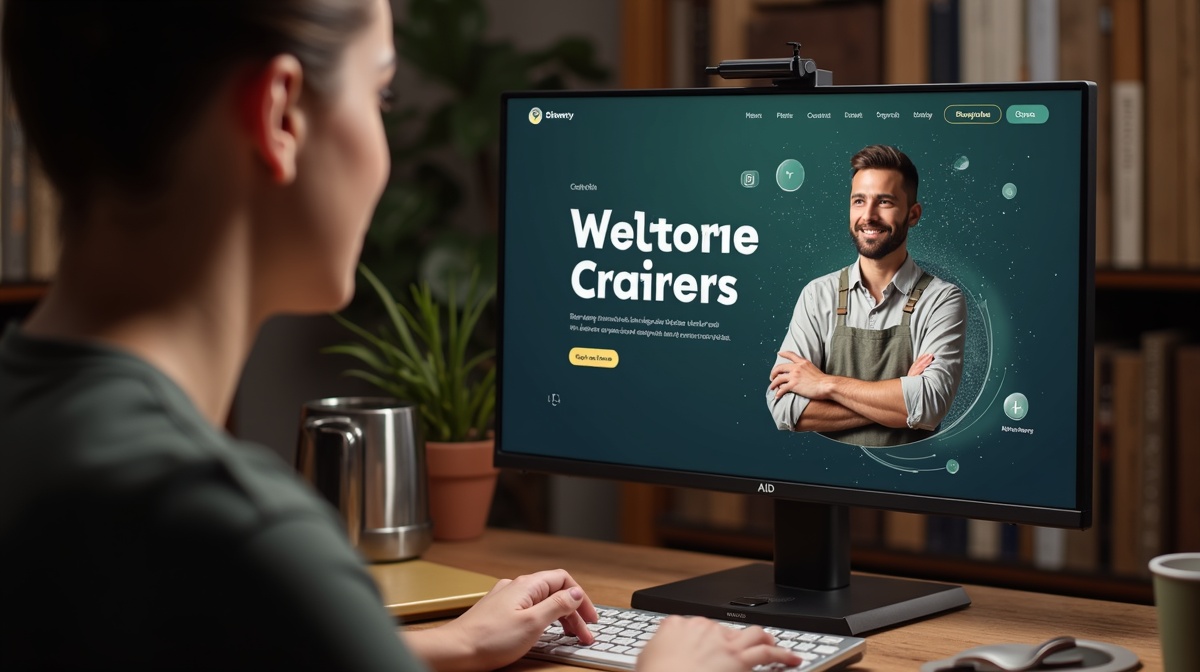 Artisan en Bretagne dans son atelier, vérifiant son smartphone qui affiche son propre site web moderne, copeaux de bois et outils en premier plan, lumière naturelle d'atelier