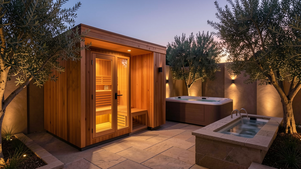 Luxury private backyard wellness retreat with cedar sauna hot tub cold plunge limestone pavers and warm dusk lighting