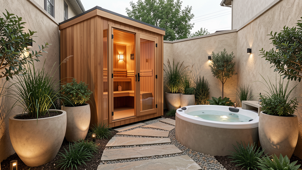 Architectural small backyard spa courtyard with premium cedar sauna stone path private plunge tub and sculptural planters