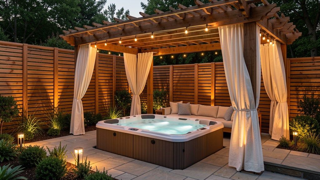 Luxury small backyard hot tub under cedar pergola with slat privacy screens linen curtains and warm lighting