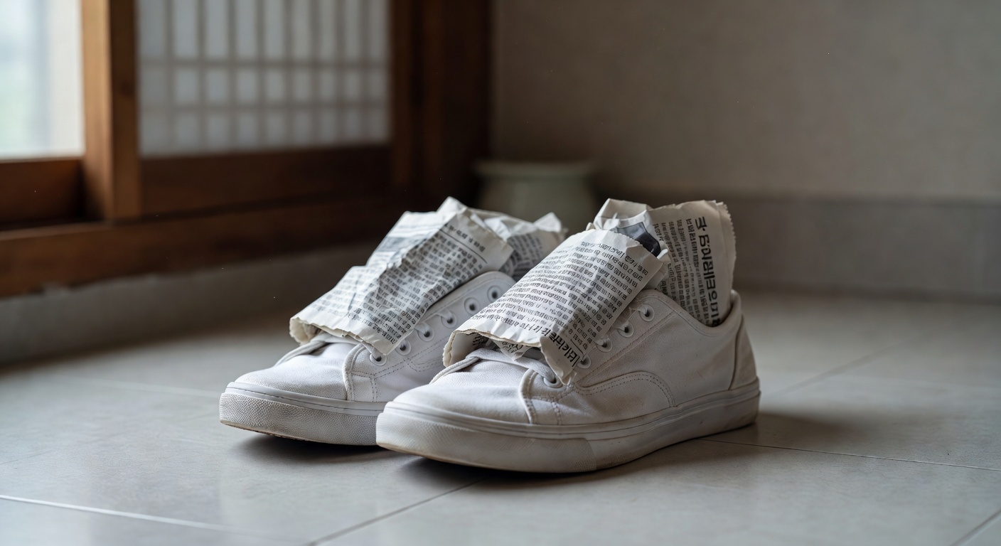 white sneakers air drying in a shaded indoor space with newspaper stuffed inside