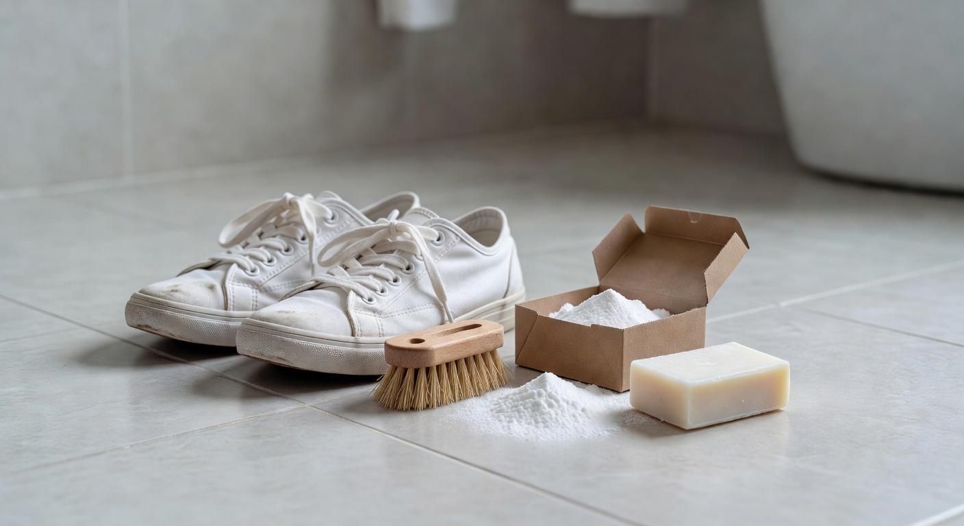 white sneakers and cleaning supplies including brush, baking soda, and soap on a bathroom tile floor