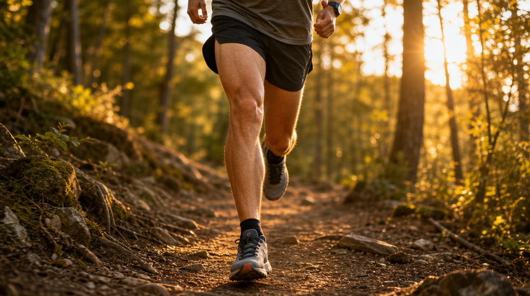 Runner on a forest trail at golden hour mid-stride knee