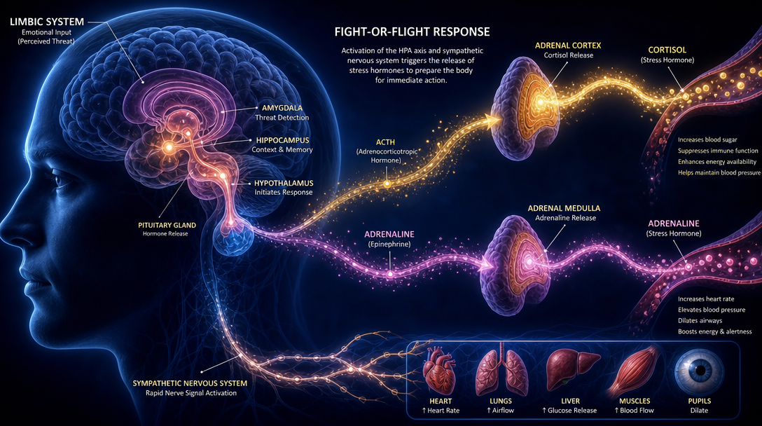 Visualisation de l'axe hypothalamo-hypophyso-surrénalien et cascade hormonale du stress