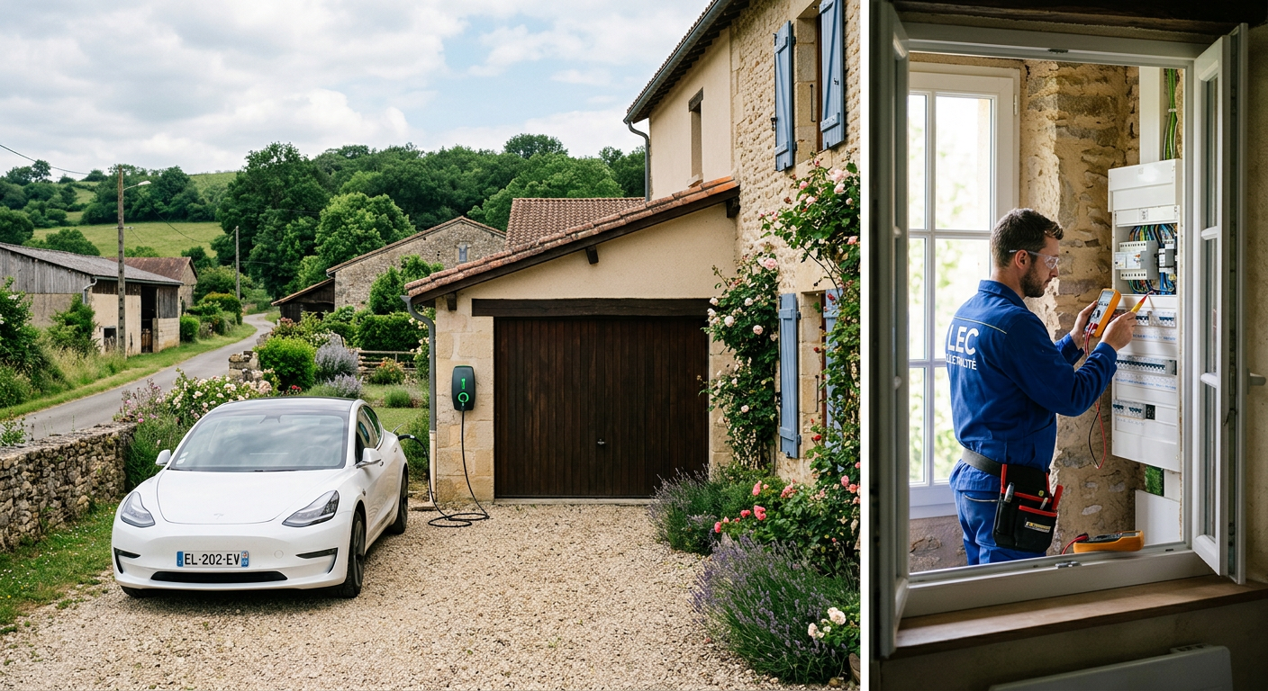 Borne de recharge électrique murale installée près d'une maison individuelle en zone rurale avec un véhicule en charge et un installateur IRVE vérifiant l'installation.