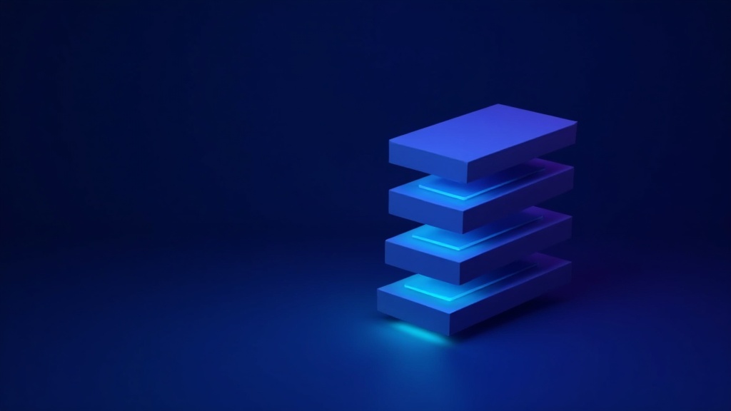 Dark navy abstract composition with stacked geometric blocks representing infrastructure cost layers, cyan glowing edges