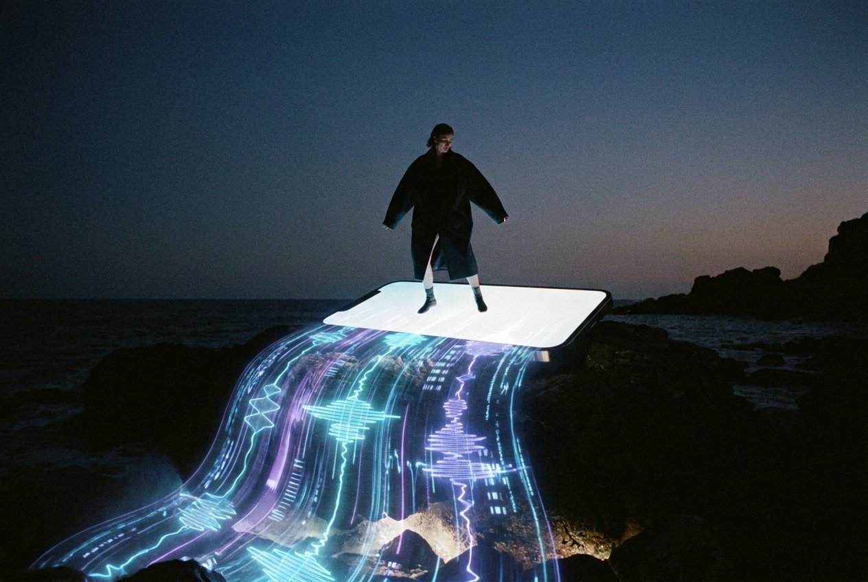 alt text: A massive flood of glowing digital music waveforms pouring through a smartphone screen while a small human figure stands on top looking overwhelmed