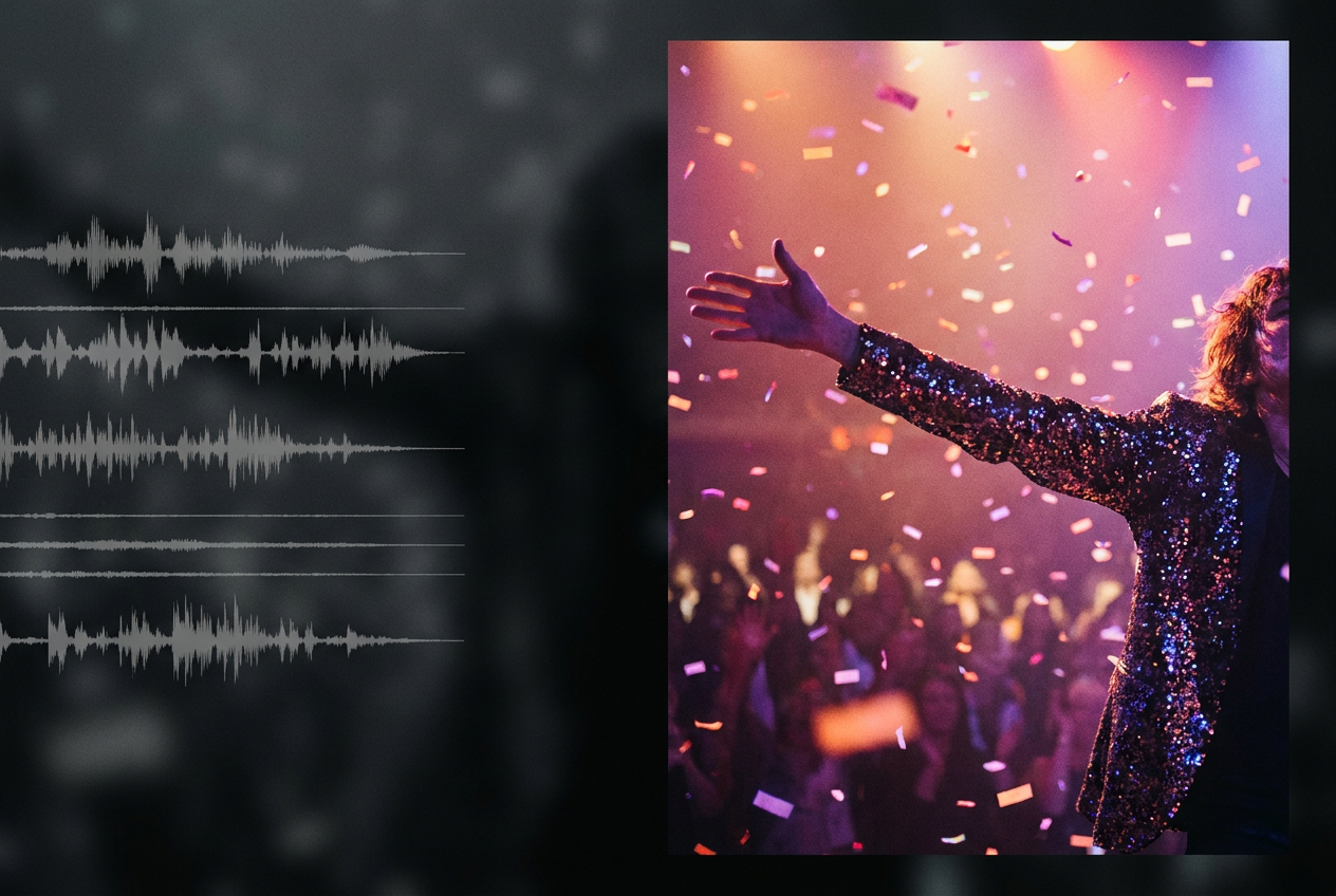 alt text: A split screen showing AI-generated music waveforms on the left side fading into darkness and a vibrant music video scene on the right side with a musician performing under colorful stage lights