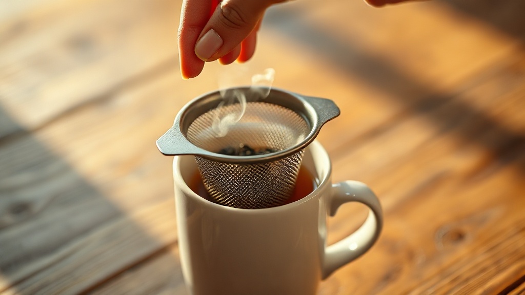 Main versant des feuilles de thé dans un infuseur en inox au-dessus d'une tasse en céramique
