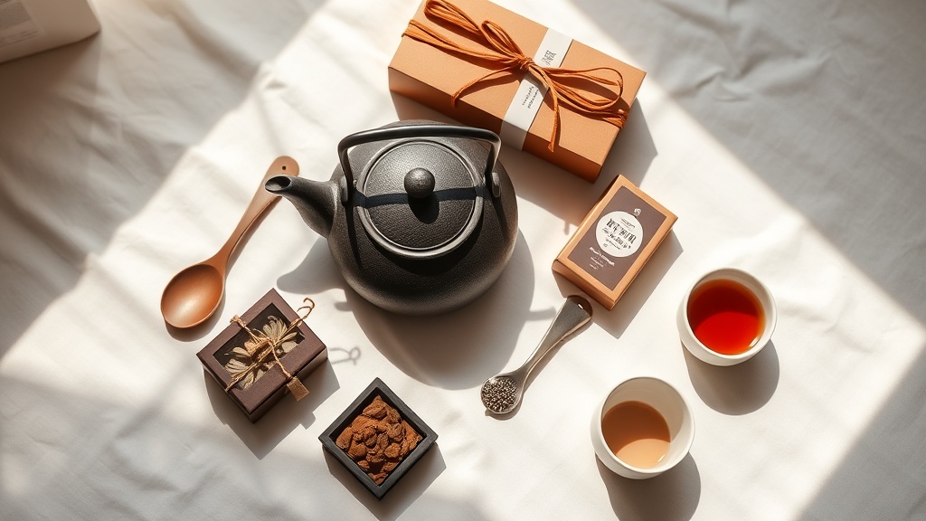 Sélection de cadeaux pour amateur de thé : théière en fonte, boîte à thé et tasse en céramique