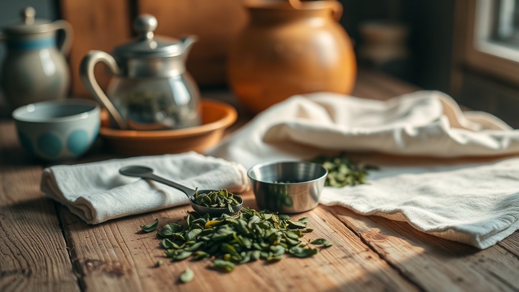 Accessoires thé posés sur une table en bois : boîte à thé, cuillère doseuse et feuilles de thé en vrac