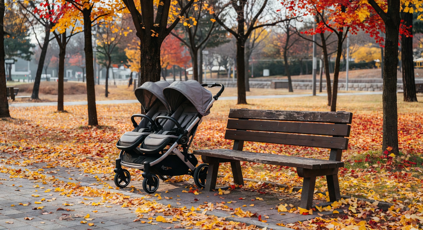 double stroller parked beside a park bench with autumn leaves on the ground