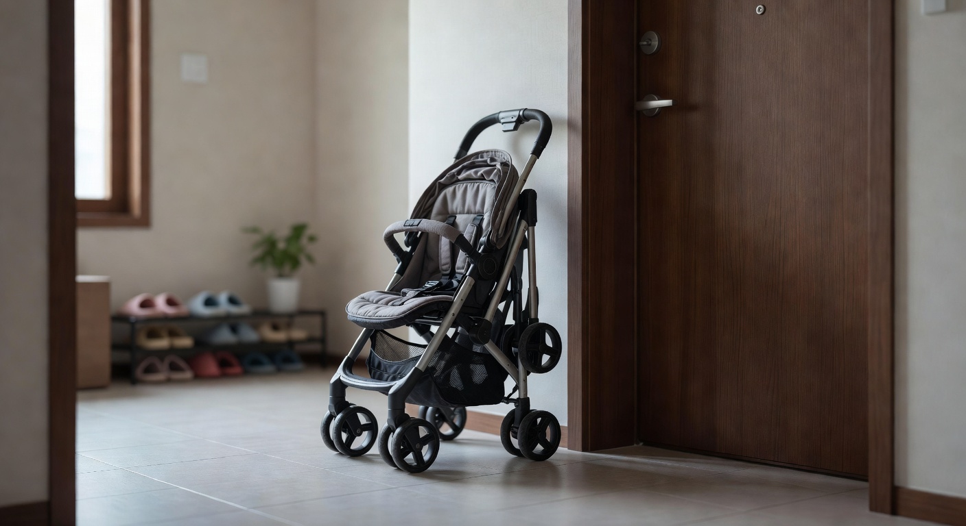 folded stroller standing upright next to a front door in a Korean apartment entrance