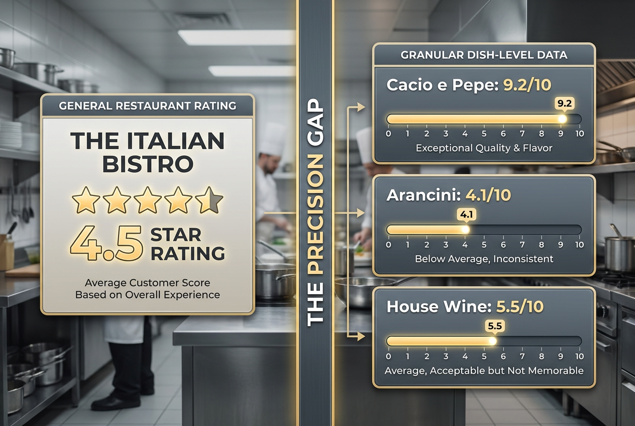 Infographic comparing a generic 4.5-star restaurant rating against specific dish-level scores like 9.2 for pasta and 4.1 for appetizers.