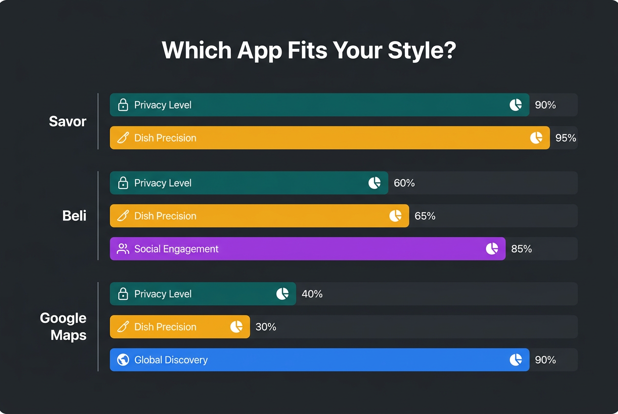 Comparison chart of Savor, Beli, and Google Maps apps showing privacy levels and dish-level rating precision using horizontal bar metrics.