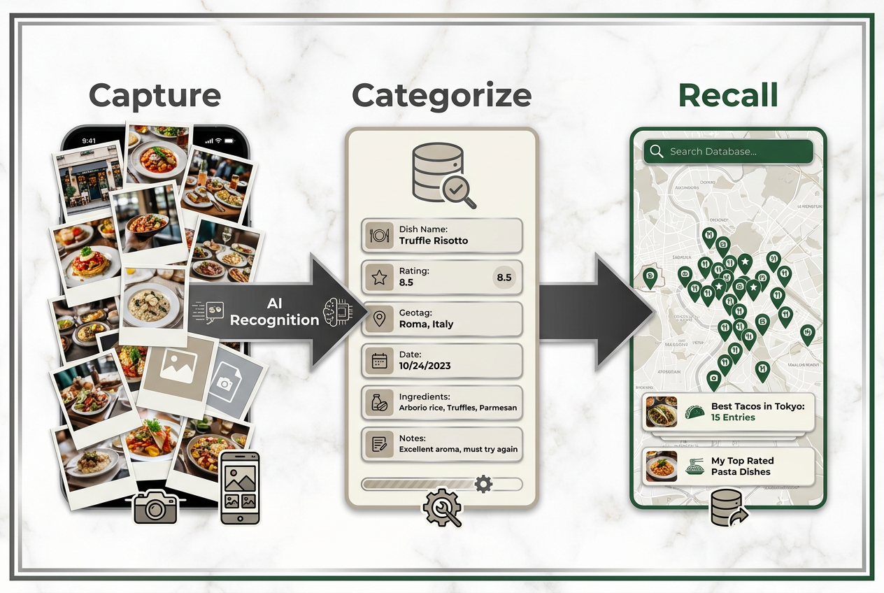 Three-step workflow showing the transition from a messy photo camera roll to an organized, AI-tagged, and searchable private food map.