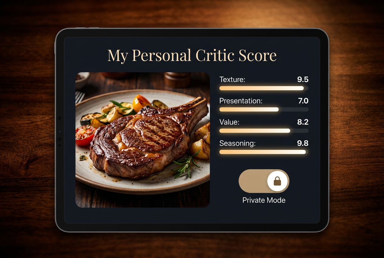 Detailed food rating interface showing a steak with numeric scores for texture, value, and seasoning, with a private mode toggle.