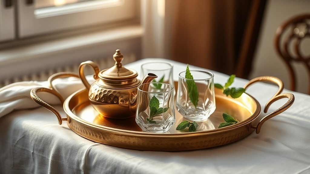 Plateau à thé marocain en laiton martelé avec théière et verres posé sur une nappe blanche