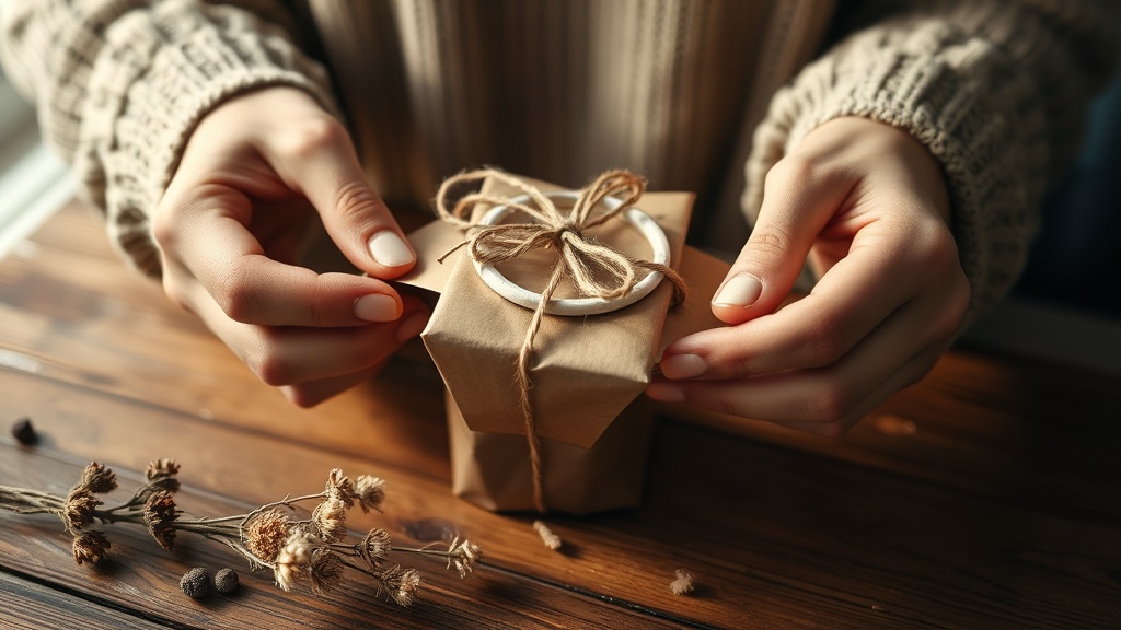 Mains emballant un chauffe-tasse dans du papier kraft avec un ruban naturel pour un cadeau fait avec soin