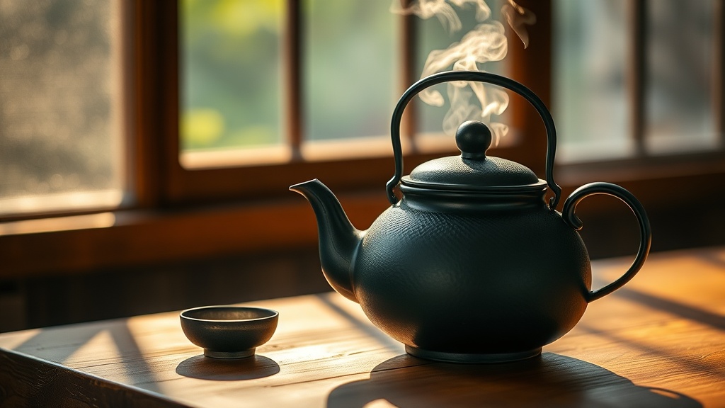 Théière en fonte japonaise verte posée sur une table en bois avec une tasse de thé au lever du soleil