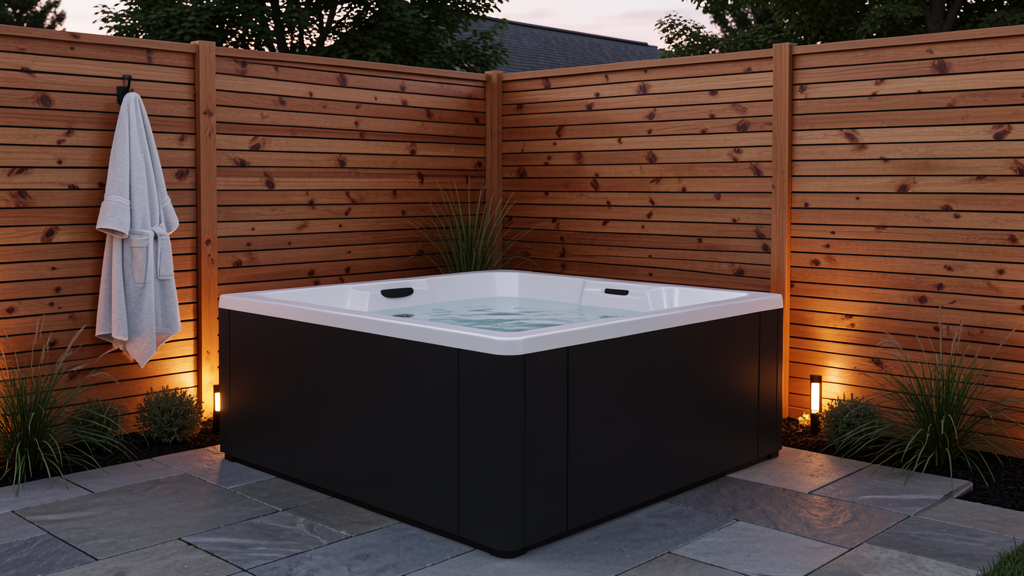 Modern backyard cold plunge tub beside a cedar privacy screen and towel hooks