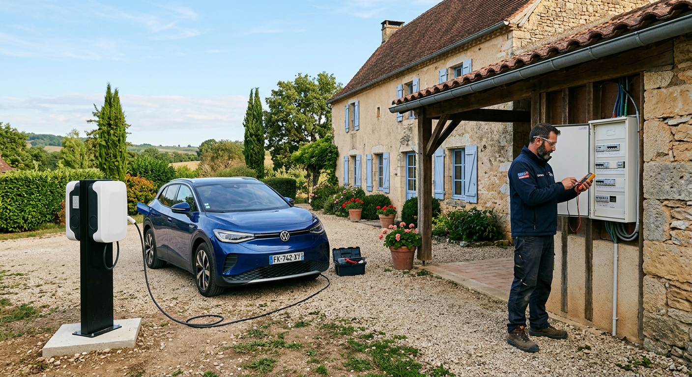 Borne de recharge électrique IRVE installée dans le parking d'une résidence, avec un électricien vérifiant le tableau électrique en arrière-plan