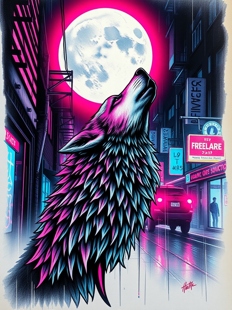 Tattoo design of a wolf howling at the moon. Cyberpunk aesthetic. Hot magenta and electric cyan neon lights, wet rainy streets reflecting holograms, dense atmospheric fog, chrome and dark glass surfaces, Blade Runner 2049 lighting. Bold black ink linework, intricate shading, displayed on textured parchment, no skin, no human body, no background distractions.