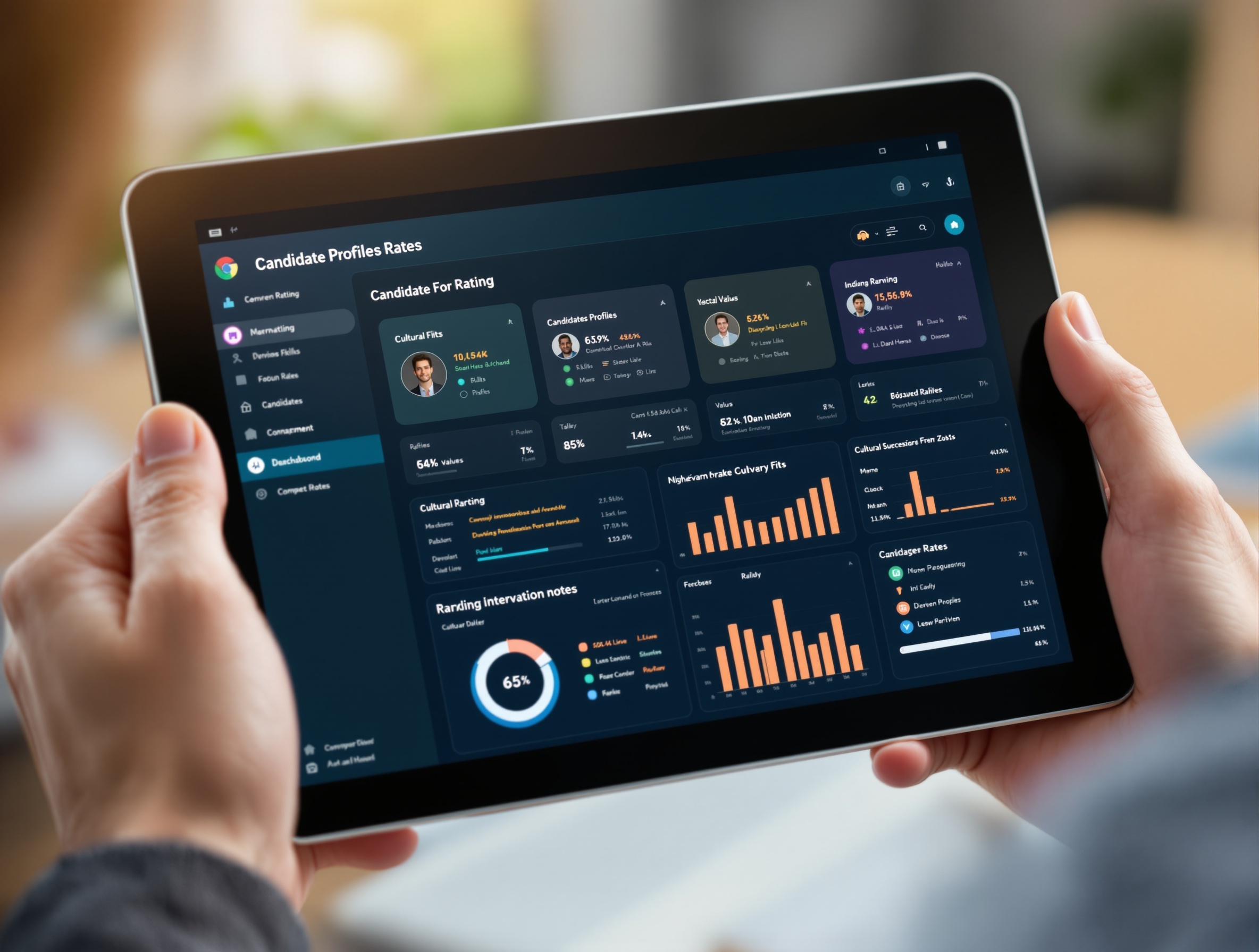 Tablet displaying a candidate evaluation dashboard with holistic assessment metrics