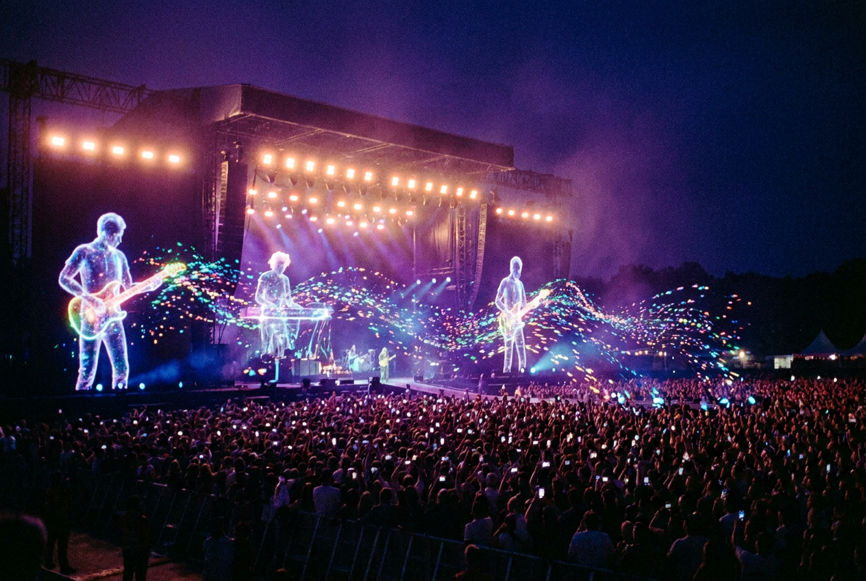 alt text: A futuristic concert stage with holographic performers and AI-generated visual effects