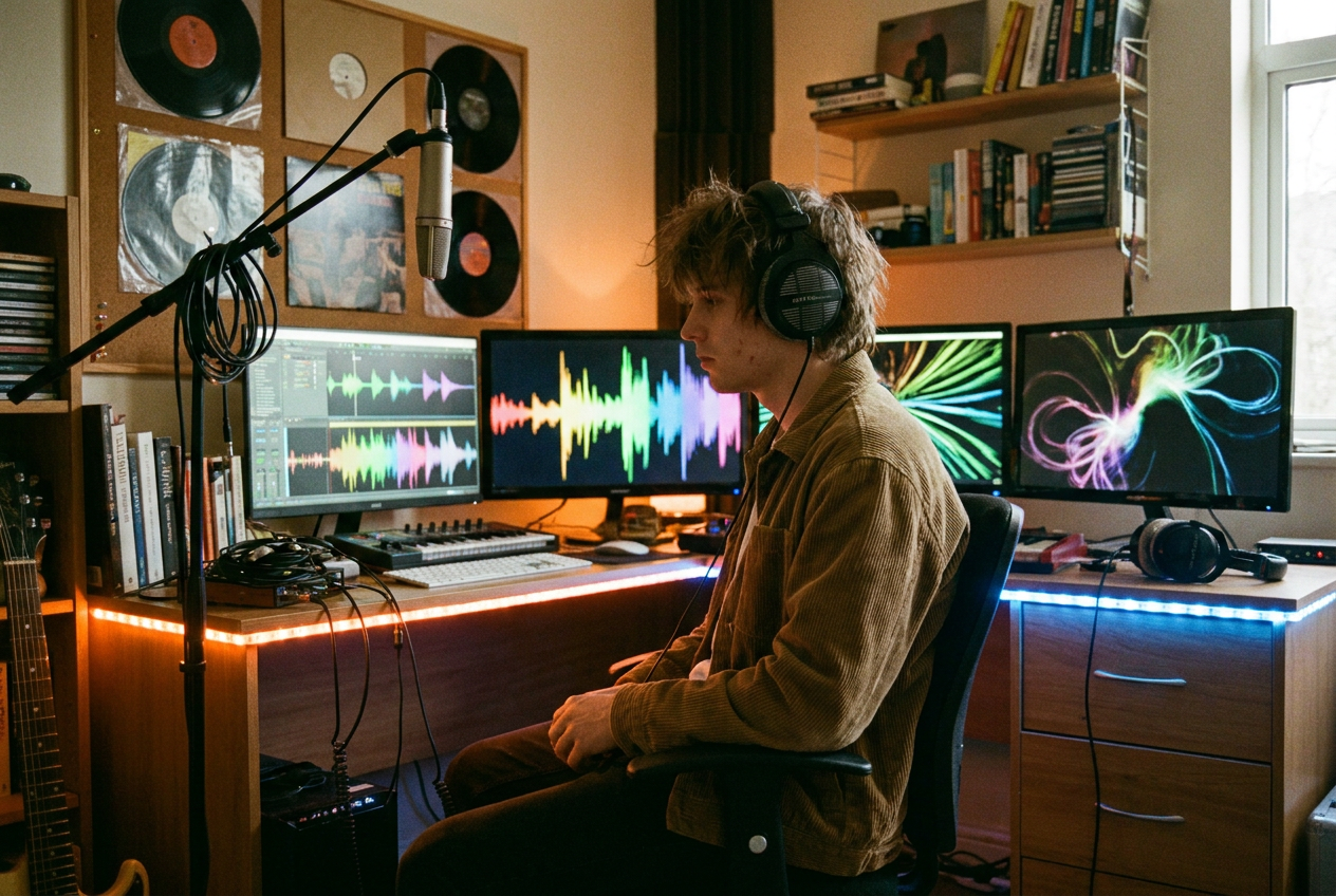 alt text: A musician in a bedroom studio creating AI-generated content on multiple screens