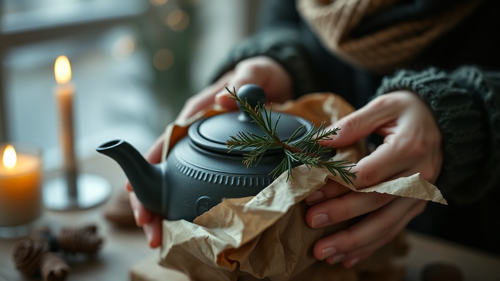 Mains emballant une théière en fonte japonaise verte en cadeau de Noël