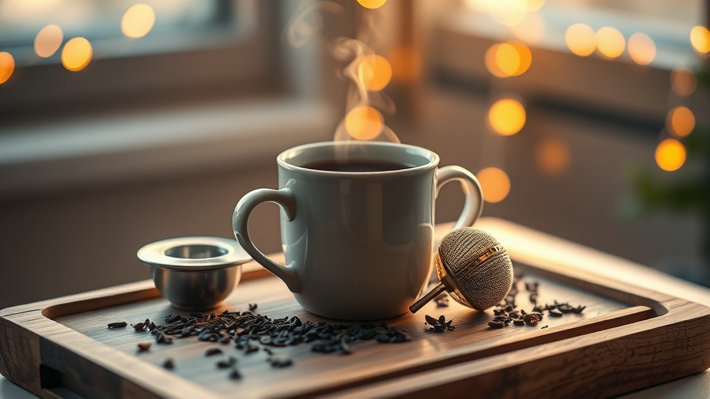 Tasse de thé fumante avec infuseur inox sur plateau bois ambiance Noël cosy