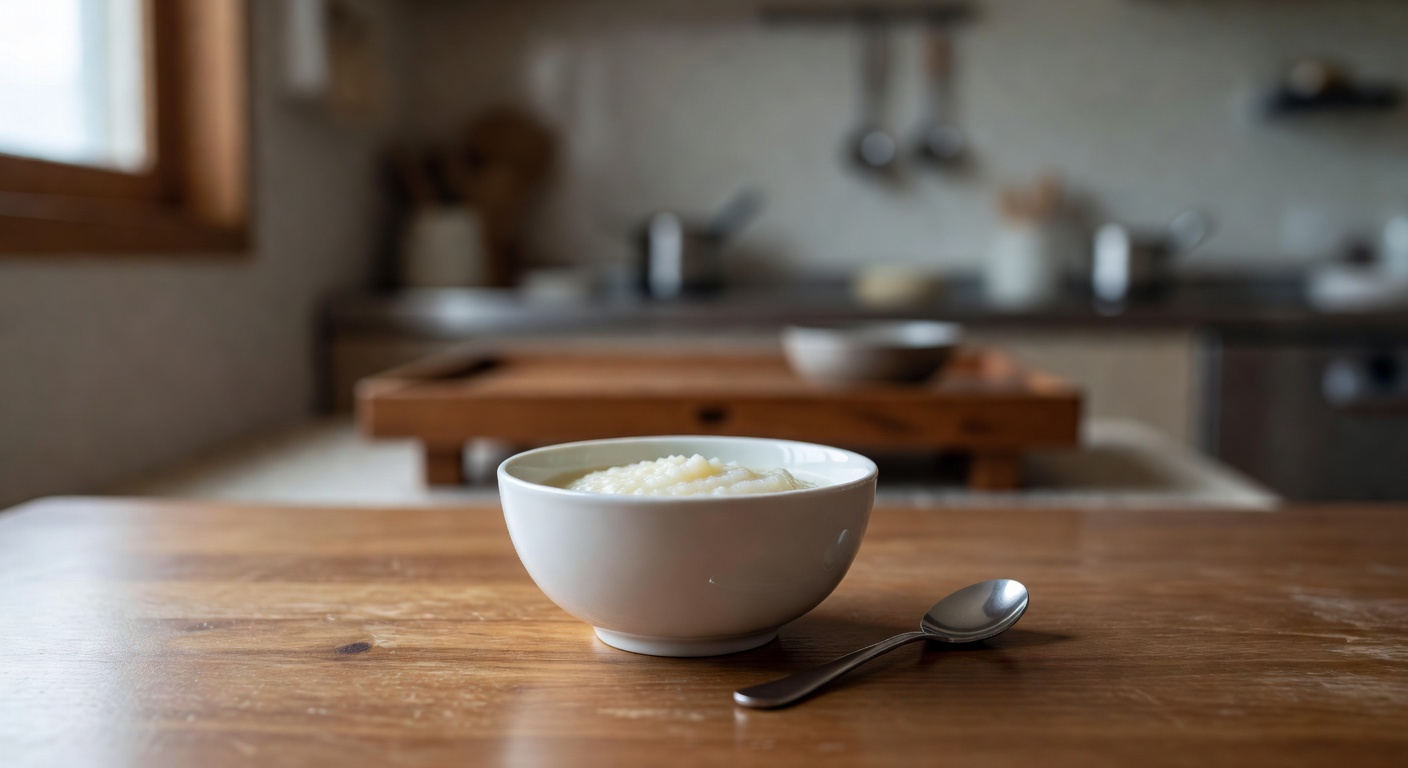 small white ceramic bowl with soft baby food and a tiny spoon on a wooden table